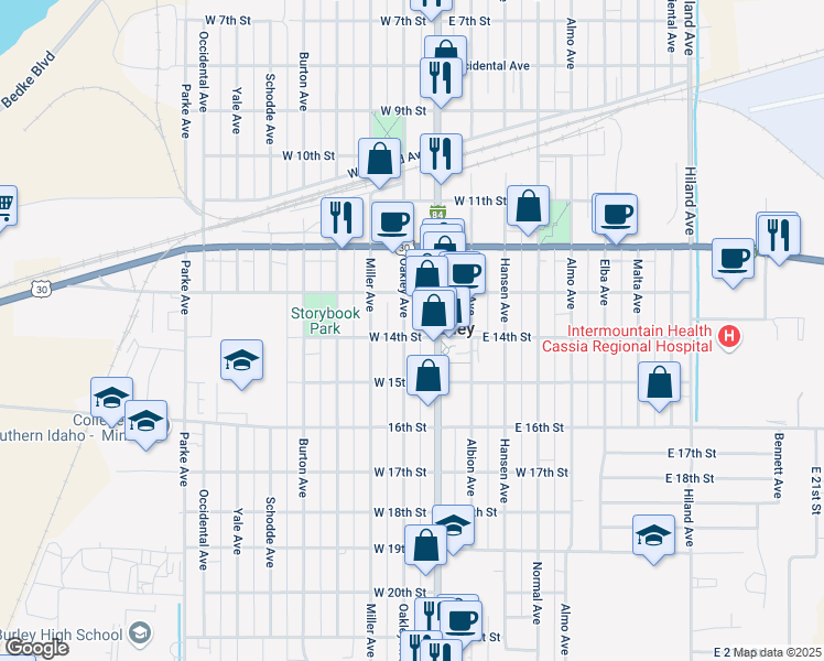 map of restaurants, bars, coffee shops, grocery stores, and more near 1357 Oakley Avenue in Burley
