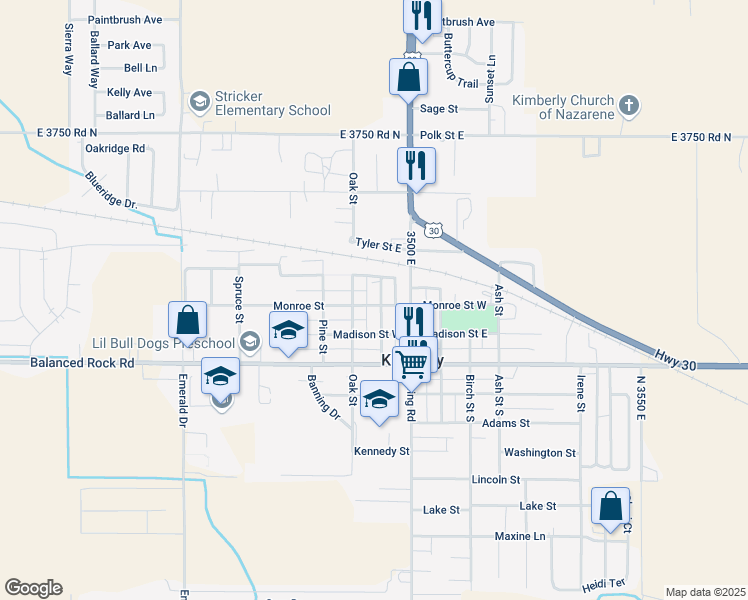 map of restaurants, bars, coffee shops, grocery stores, and more near 133 Monroe Street in Kimberly