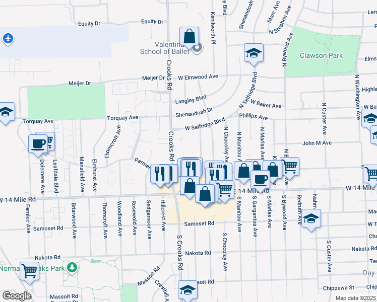 map of restaurants, bars, coffee shops, grocery stores, and more near 360 North Crooks Road in Clawson