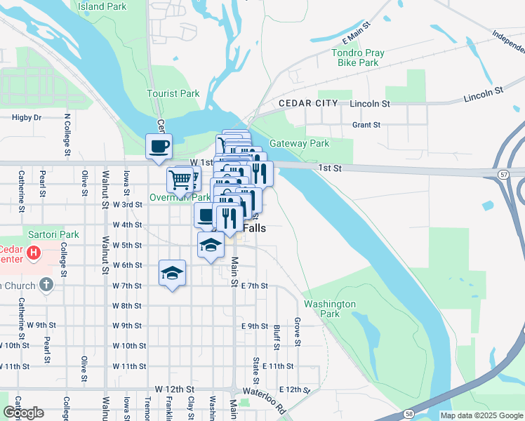 map of restaurants, bars, coffee shops, grocery stores, and more near 501 East 4th Street in Cedar Falls