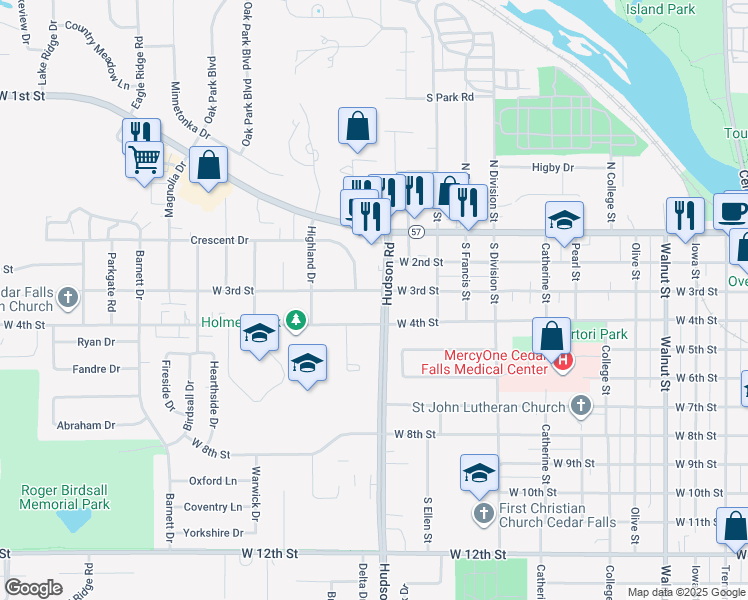 map of restaurants, bars, coffee shops, grocery stores, and more near 1714 W 3rd St in Cedar Falls
