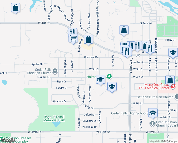 map of restaurants, bars, coffee shops, grocery stores, and more near 306 Cedar Crest Drive in Cedar Falls