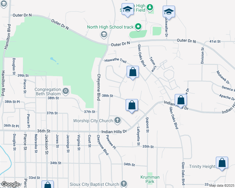 map of restaurants, bars, coffee shops, grocery stores, and more near 1305 38th Street in Sioux City