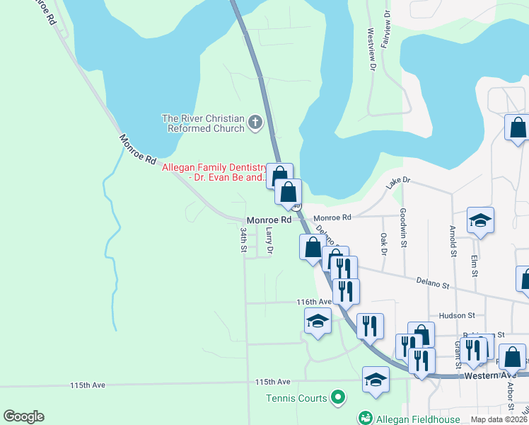 map of restaurants, bars, coffee shops, grocery stores, and more near 3381 Monroe Road in Allegan