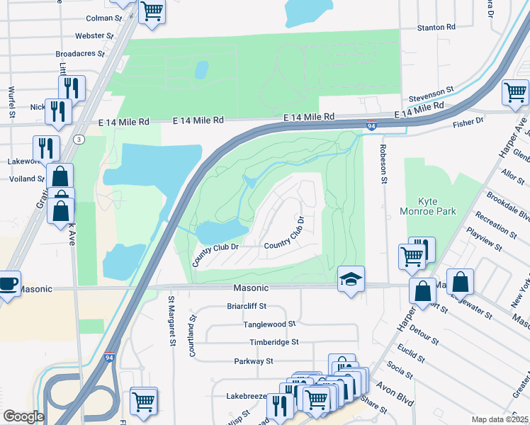 map of restaurants, bars, coffee shops, grocery stores, and more near 1008 Country Club Drive in St. Clair Shores