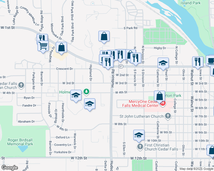 map of restaurants, bars, coffee shops, grocery stores, and more near 1714 West 3rd Street in Cedar Falls