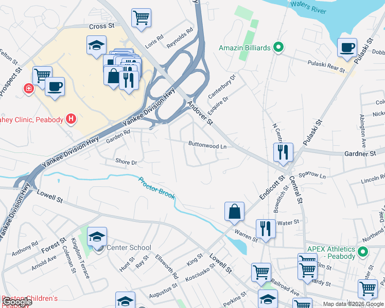 map of restaurants, bars, coffee shops, grocery stores, and more near 4 Rawding Road in Peabody