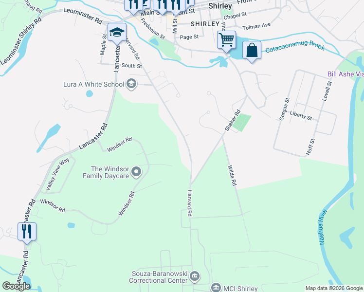 map of restaurants, bars, coffee shops, grocery stores, and more near 65 Harvard Road in Shirley
