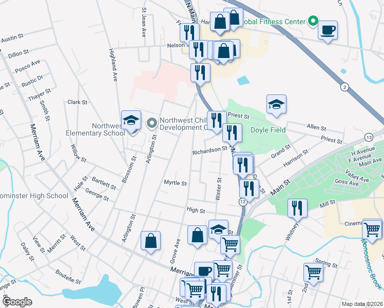 map of restaurants, bars, coffee shops, grocery stores, and more near 187 Grove Avenue in Leominster