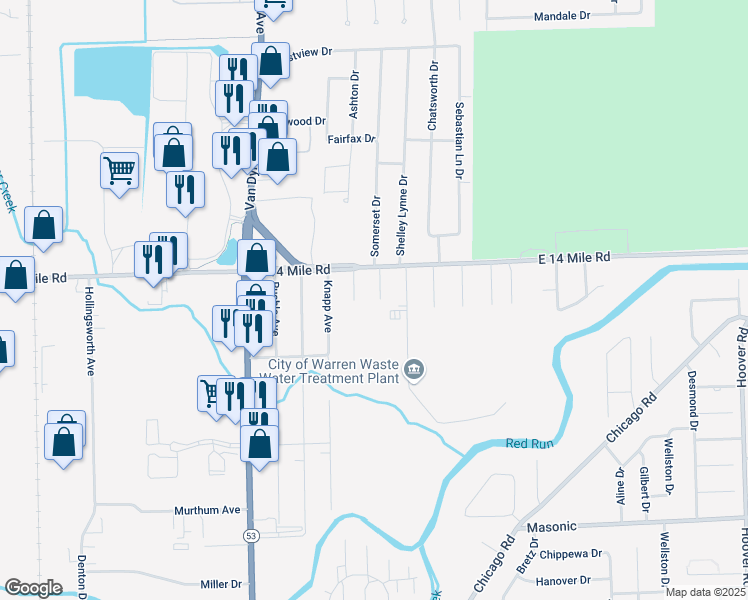 map of restaurants, bars, coffee shops, grocery stores, and more near 32830 Winnie Avenue in Warren