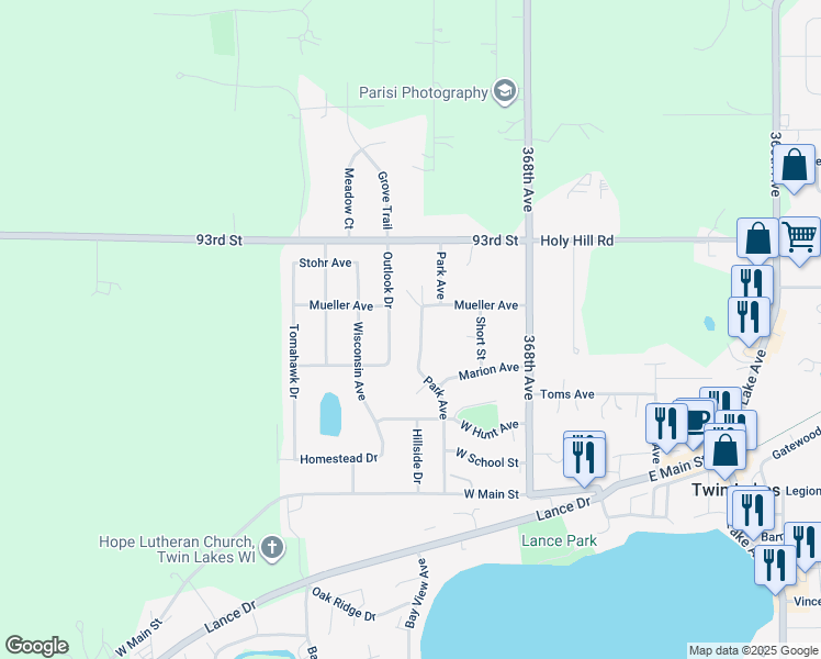 map of restaurants, bars, coffee shops, grocery stores, and more near 538 Outlook Drive in Twin Lakes