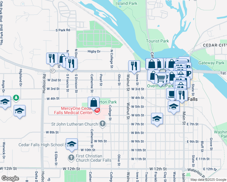 map of restaurants, bars, coffee shops, grocery stores, and more near 815 West 4th Street in Cedar Falls