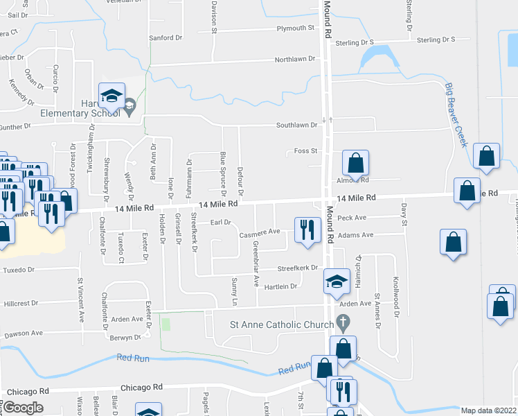 map of restaurants, bars, coffee shops, grocery stores, and more near 32780 Greenbriar Avenue in Warren