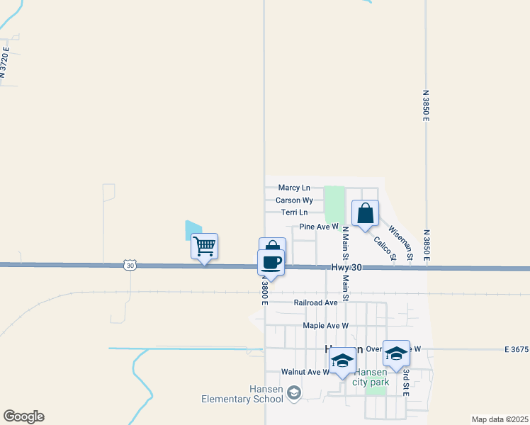 map of restaurants, bars, coffee shops, grocery stores, and more near 333 Rock Creek Rd in Hansen