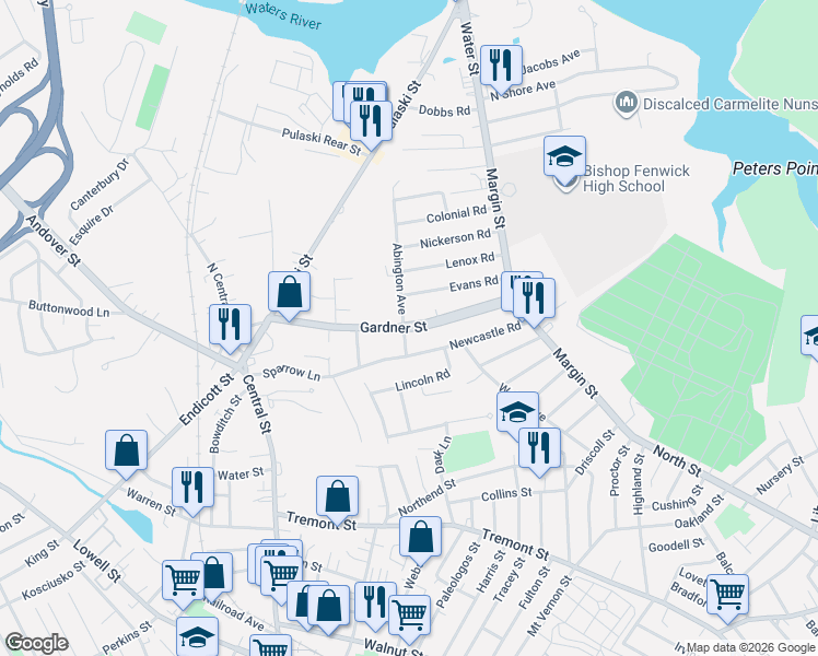 map of restaurants, bars, coffee shops, grocery stores, and more near 53 Gardner St in Peabody