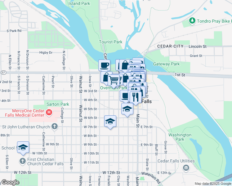 map of restaurants, bars, coffee shops, grocery stores, and more near 303 Clay Street in Cedar Falls