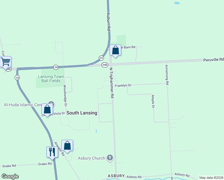 map of restaurants, bars, coffee shops, grocery stores, and more near 3038 N Triphammer Rd in Lansing