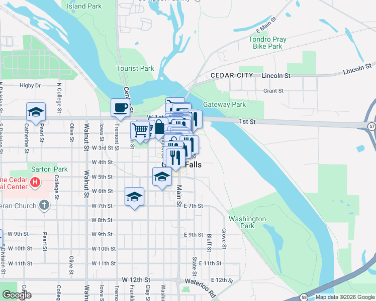 map of restaurants, bars, coffee shops, grocery stores, and more near in Cedar Falls