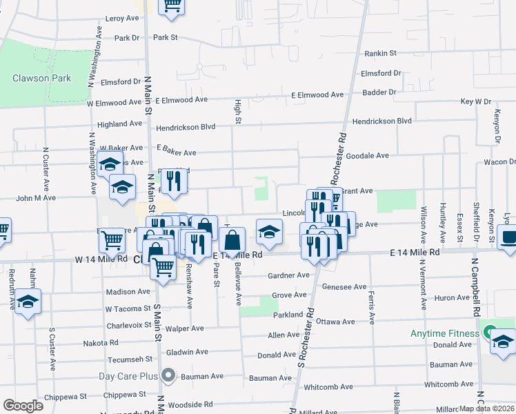 map of restaurants, bars, coffee shops, grocery stores, and more near 475 Lincoln Avenue in Clawson