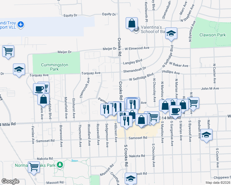 map of restaurants, bars, coffee shops, grocery stores, and more near 4922 Cara Court in Royal Oak