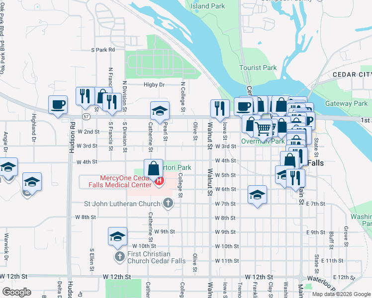 map of restaurants, bars, coffee shops, grocery stores, and more near 815 West 4th Street in Cedar Falls