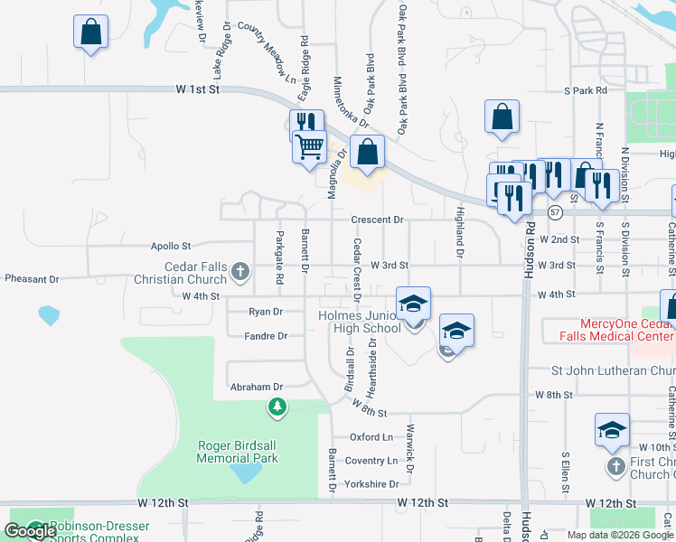 map of restaurants, bars, coffee shops, grocery stores, and more near 2424 West 3rd Street in Cedar Falls