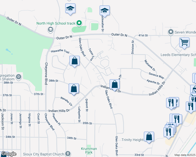 map of restaurants, bars, coffee shops, grocery stores, and more near 1813-1845 Indian Hills Dr in Sioux City