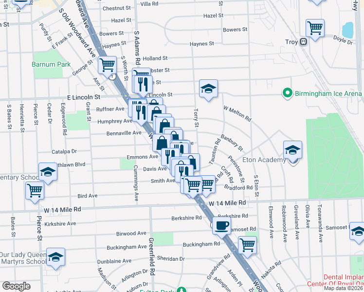 map of restaurants, bars, coffee shops, grocery stores, and more near 1458 Chapin Avenue in Birmingham