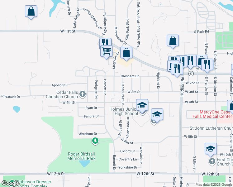 map of restaurants, bars, coffee shops, grocery stores, and more near 2424 West 3rd Street in Cedar Falls