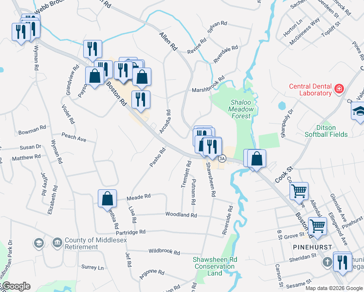 map of restaurants, bars, coffee shops, grocery stores, and more near 744 Boston Road in Billerica