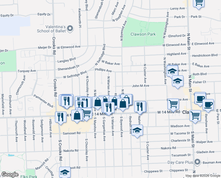 map of restaurants, bars, coffee shops, grocery stores, and more near 329 North Marias Avenue in Clawson