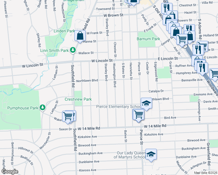 map of restaurants, bars, coffee shops, grocery stores, and more near 1524 Washington Boulevard in Birmingham