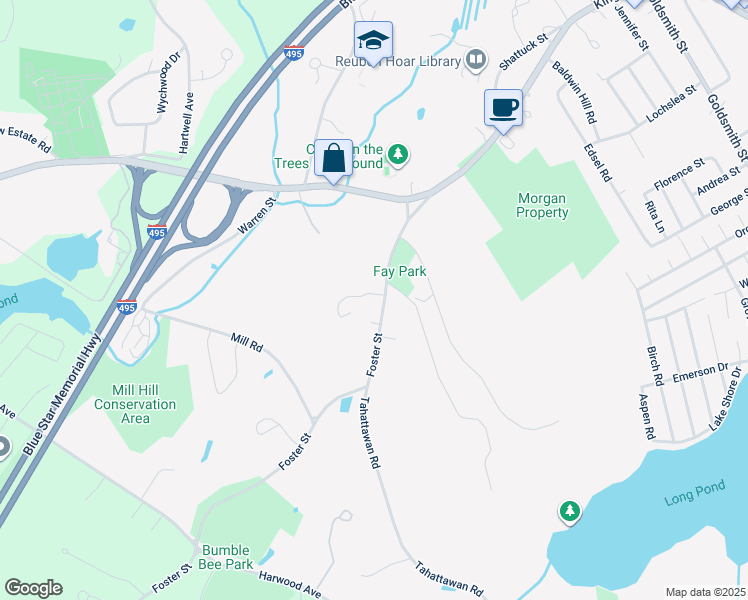 map of restaurants, bars, coffee shops, grocery stores, and more near 43 Foster Street in Littleton