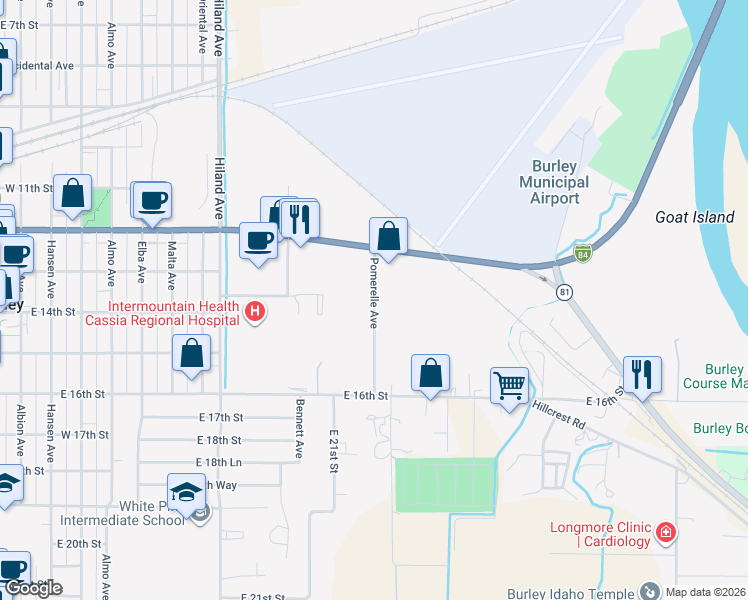 map of restaurants, bars, coffee shops, grocery stores, and more near 1335 Pomerelle Avenue in Burley
