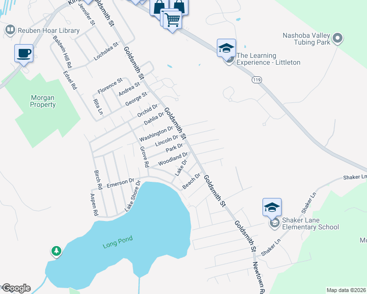map of restaurants, bars, coffee shops, grocery stores, and more near 2 Park Drive in Littleton