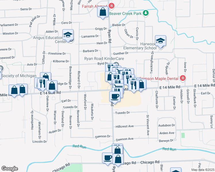 map of restaurants, bars, coffee shops, grocery stores, and more near 6378 East 14 Mile Road in Warren