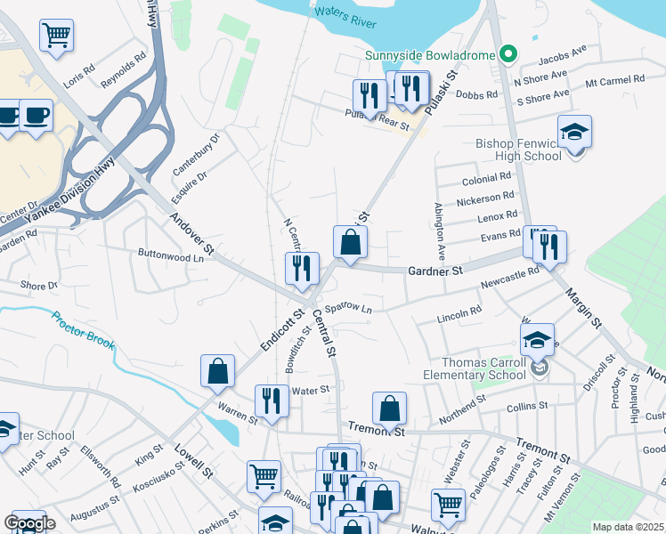 map of restaurants, bars, coffee shops, grocery stores, and more near 13 Pulaski Street in Peabody