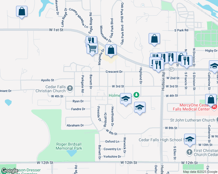 map of restaurants, bars, coffee shops, grocery stores, and more near 306 Cedar Crest Drive in Cedar Falls