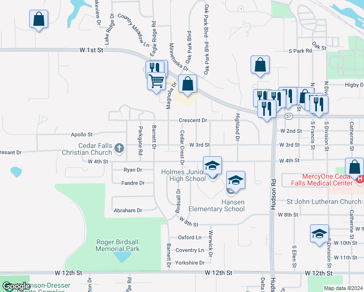 map of restaurants, bars, coffee shops, grocery stores, and more near 306 Cedar Crest Drive in Cedar Falls