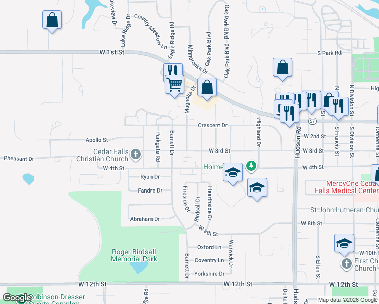 map of restaurants, bars, coffee shops, grocery stores, and more near 2424 West 3rd Street in Cedar Falls