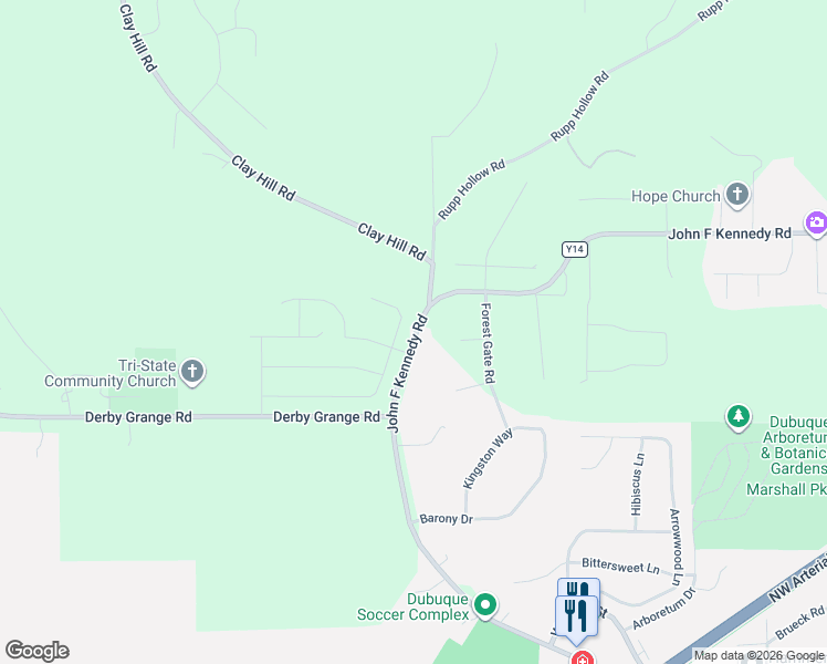 map of restaurants, bars, coffee shops, grocery stores, and more near 12481 John F Kennedy Road in Dubuque