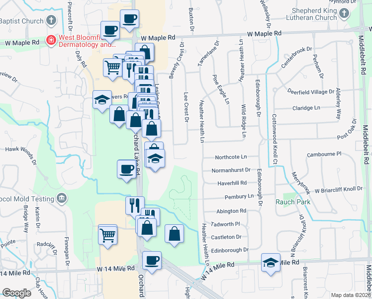 map of restaurants, bars, coffee shops, grocery stores, and more near 7063 Lee Crest Drive in West Bloomfield Township