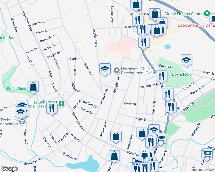 map of restaurants, bars, coffee shops, grocery stores, and more near 45 Stearns Avenue in Leominster