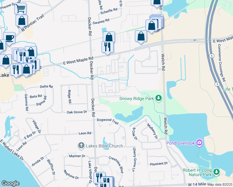 map of restaurants, bars, coffee shops, grocery stores, and more near 21205 Alexa Drive in Commerce Charter Township