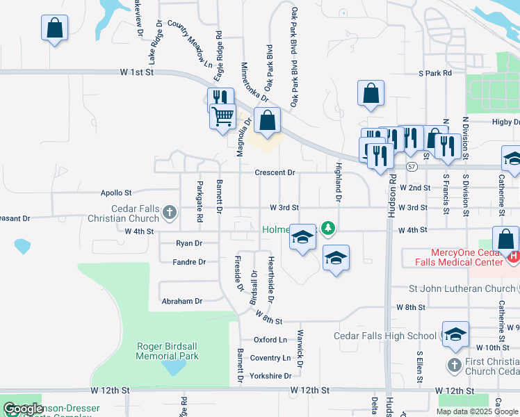 map of restaurants, bars, coffee shops, grocery stores, and more near 300 Cedar Crest Drive in Cedar Falls