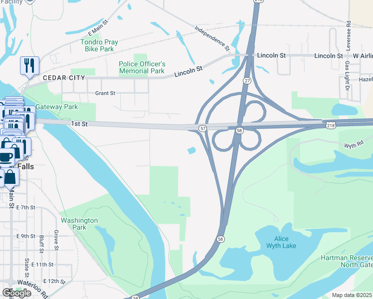 map of restaurants, bars, coffee shops, grocery stores, and more near 308 Roosevelt Street in Cedar Falls