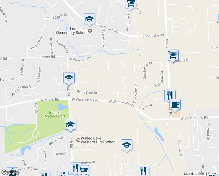 map of restaurants, bars, coffee shops, grocery stores, and more near 6211 Chesapeake Circle in Walled Lake