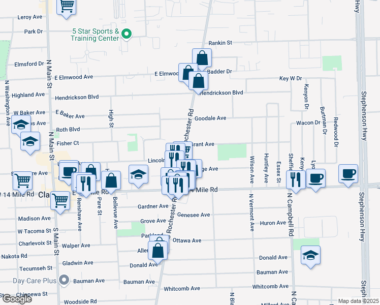 map of restaurants, bars, coffee shops, grocery stores, and more near 769 Coolidge Avenue in Clawson