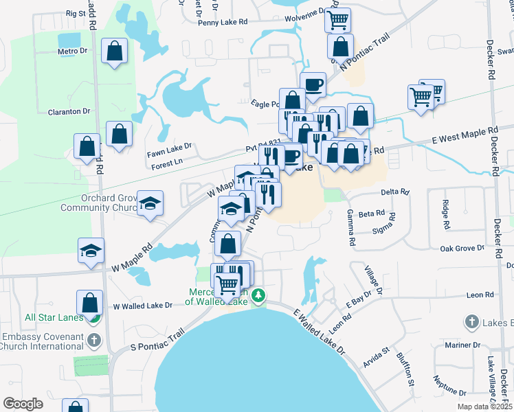 map of restaurants, bars, coffee shops, grocery stores, and more near 546 North Pontiac Trail in Walled Lake