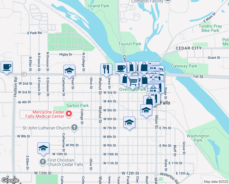 map of restaurants, bars, coffee shops, grocery stores, and more near 309 Tremont Street in Cedar Falls